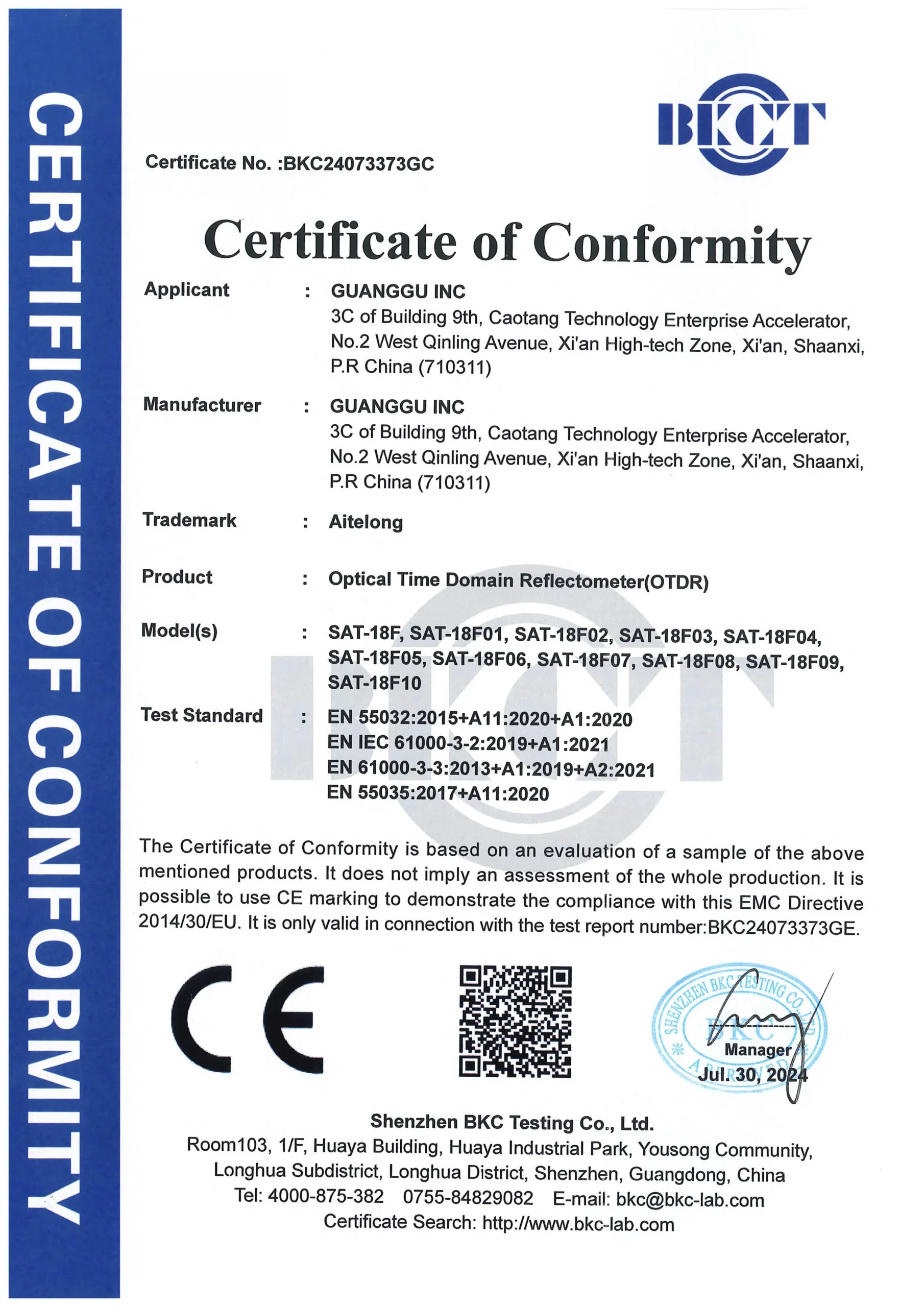 Aitelong SAT-18F OTDR CE certificate
